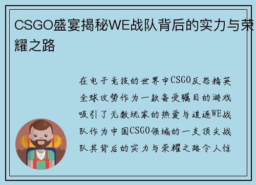 CSGO盛宴揭秘WE战队背后的实力与荣耀之路